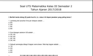 Soal UTS Kelas 3 Semester 2 Tahun Ajaran 2018/2019 K13